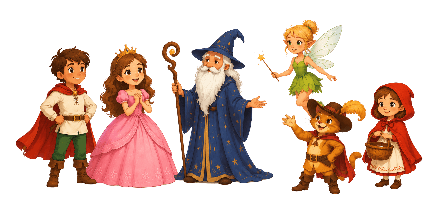 The cast of a Storyteller book — a family of storybook characters